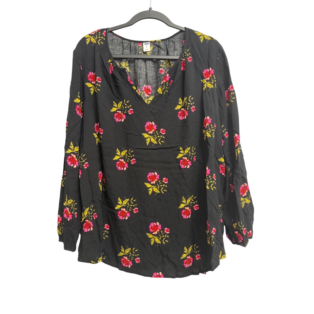 Old Navy Womens XL Black Floral‎ Long Sleeve V-Neck Rayon Blouse Shirt Boho